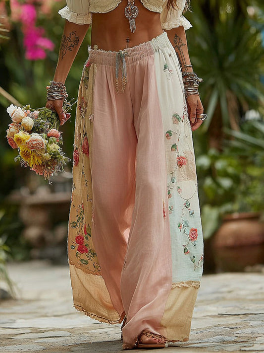 Cardydony Women's Bohemian Style Patchwork Casual Resort Linen Blend Pants