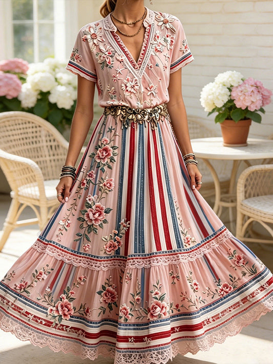 Cardydony Boho Floral Embroidered Maxi Dress - Patriotic Stripes Lace Trim Tiered Dress