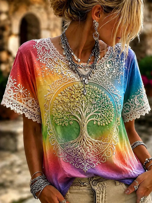 Cardydony Women's Retro Tree Of Life Gradient Print Crew Neck T-shirt