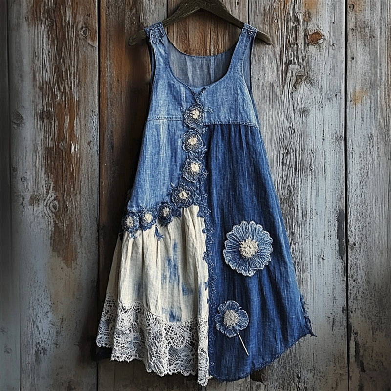 Cardydony Floral Denim Textile Lace Hem Patchwork Tank Dress