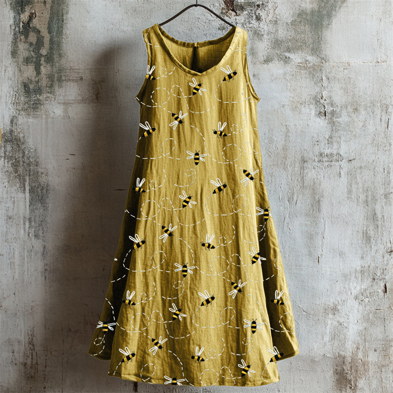 Cardydony Flying Bees Embroidered Linen Tank Dress