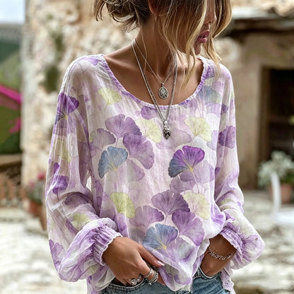 Cardydony Women's Bohemian-style Watercolor Ginkgo Leaf Print Casual Round Neck Top
