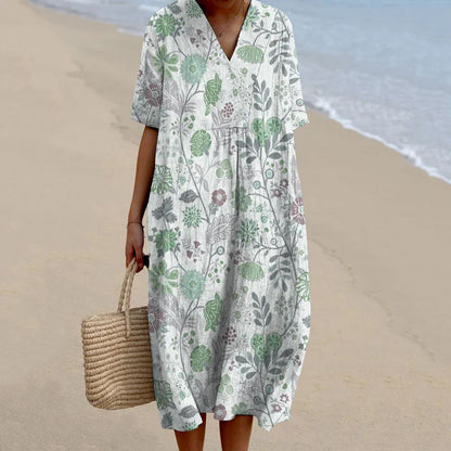 Cardydony Women's Pastoral Floral Art Print Casual Cotton Linen Dress