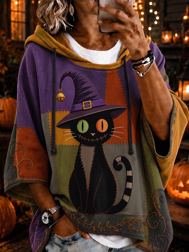 Cardydony Women's Halloween Black Cat Color Blocking Art Print Casual Hoodie