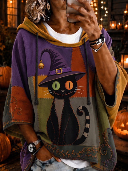 Cardydony Women's Halloween Black Cat Color Blocking Art Print Casual Hoodie