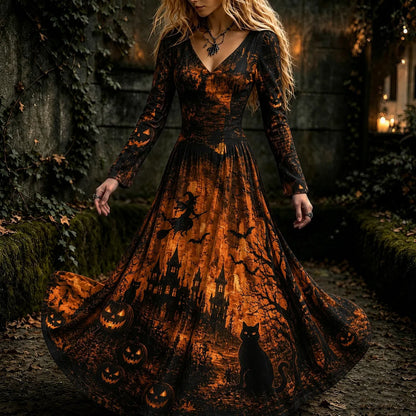 Cardydony Women's Vintage Halloween Witch, Cat, And Castle Print Dress