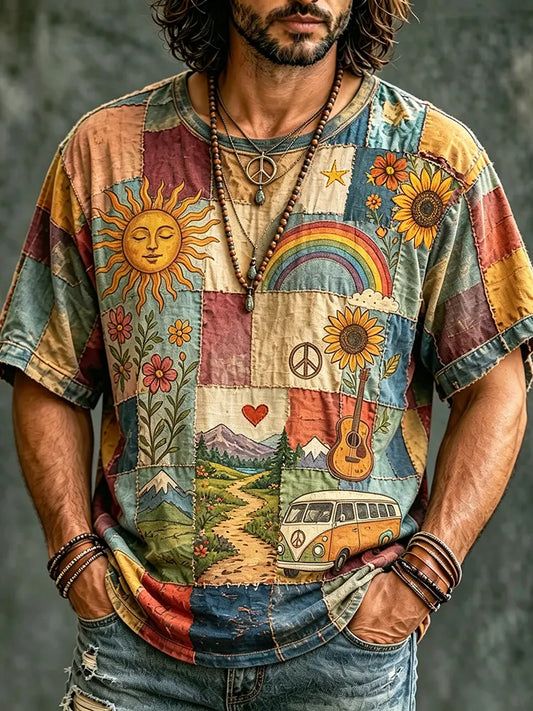 Cardydony Men's Hippie Music With Scenery Patchwork Pattern Print T-shirt