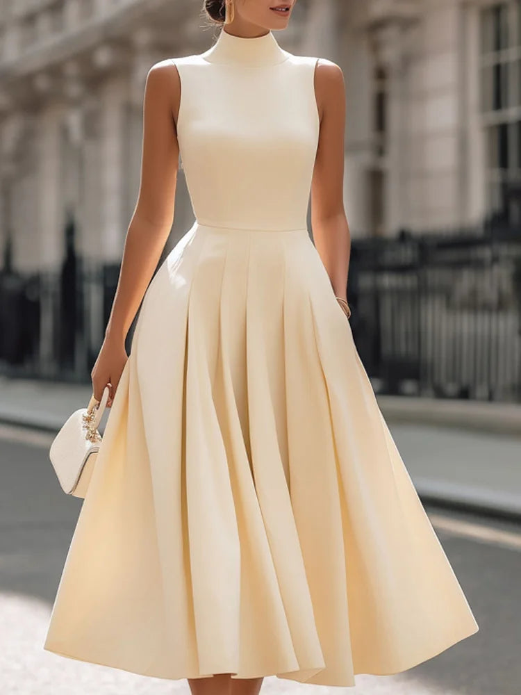 Cardydony Classy Simple Turtleneck Pleated Maxi Dress