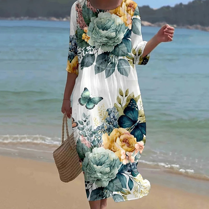 Cardydony Women's Vintage Floral Art Pattern Linen Blend Loose Three-quarter Sleeve Dress