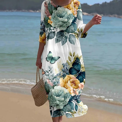 Cardydony Women's Vintage Floral Art Pattern Linen Blend Loose Three-quarter Sleeve Dress