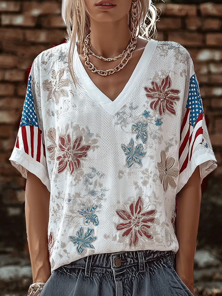 Cardydony Women's American Flag Sleeve V-neck T-shirt Floral Print Loose Short Sleeve Blouse