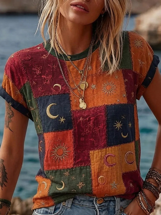 Cardydony Women's Ethnic Sun, Moon And Stars Color Block Cotton Linen T-shirt