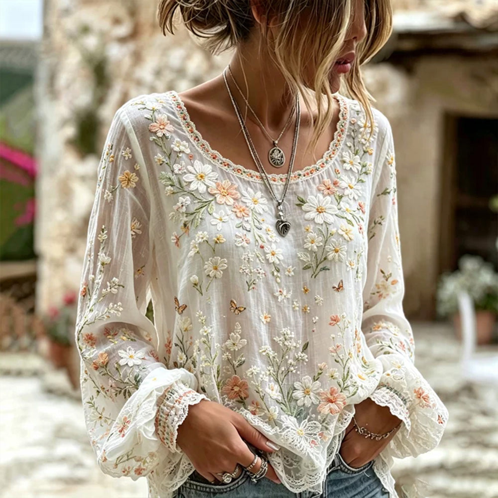 Cardydony Women's Small Floral And Lace Art Crew Neck Long Sleeve Top
