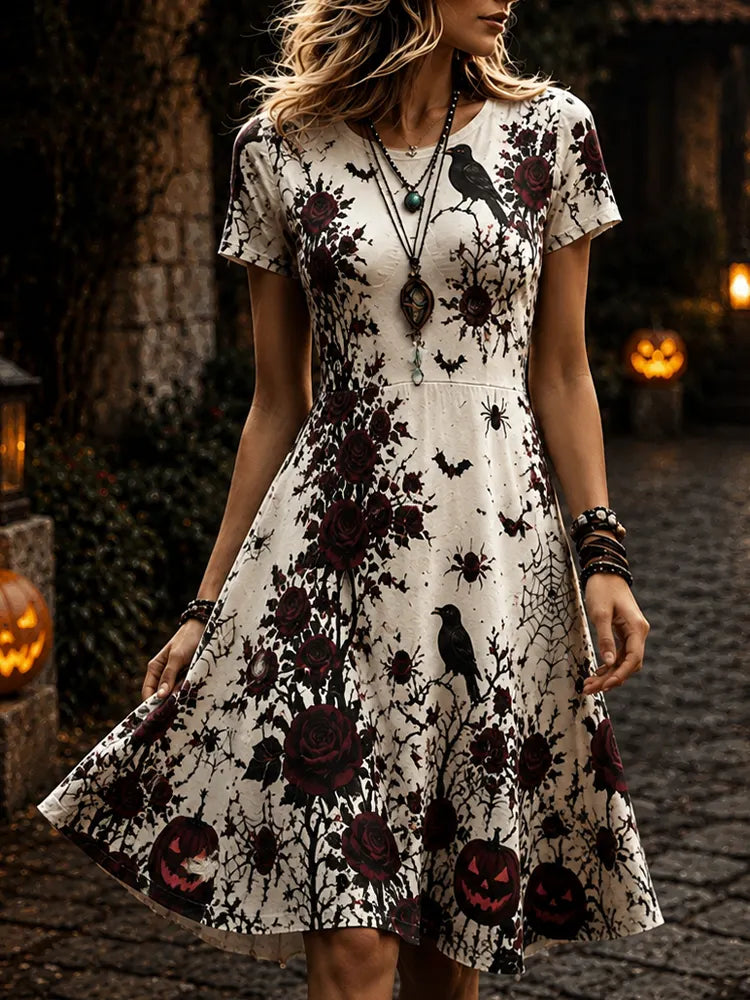 Cardydony Women's Short Sleeve Crew Neck A-line Halloween Midi Dress With Dark Red Roses, Crows, Spiders, And Jack-o'-lanterns