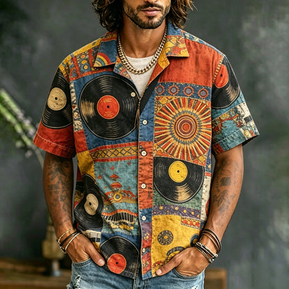 Cardydony Men's Hippie Music Ethnic Print Short-sleeve Shirt