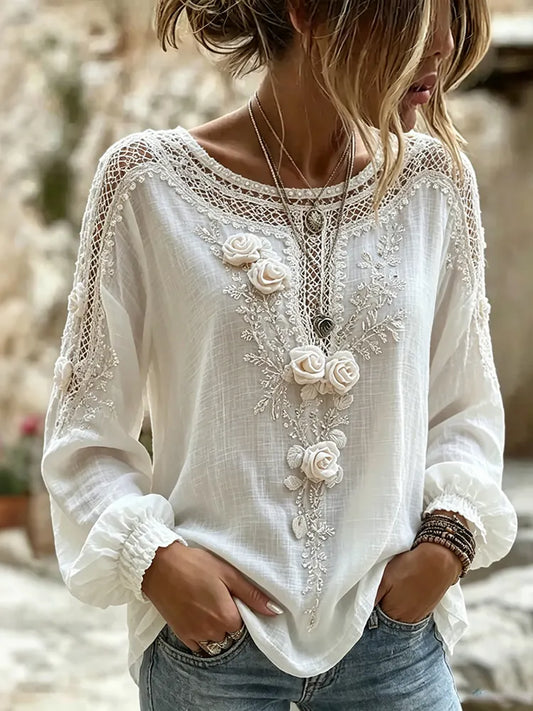 Cardydony Women's Vintage Floral Art Flowy Crew Neck Long Sleeve Linen T-shirt Tops