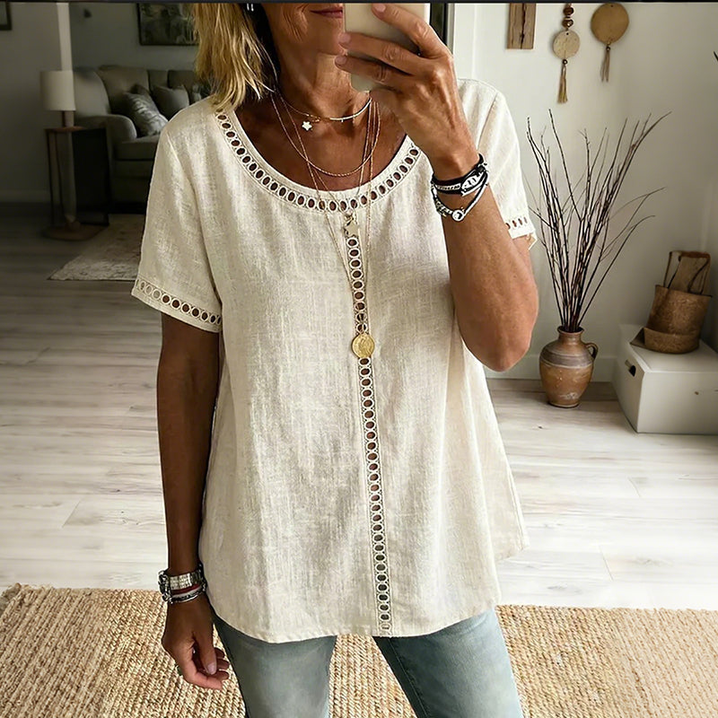 Cardydony Women's Vintage Hollow-out Design Cotton Linen Shirt