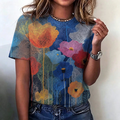 Cardydony Women's Retro Japanese Art Floral Print Cotton Linen T-shirt