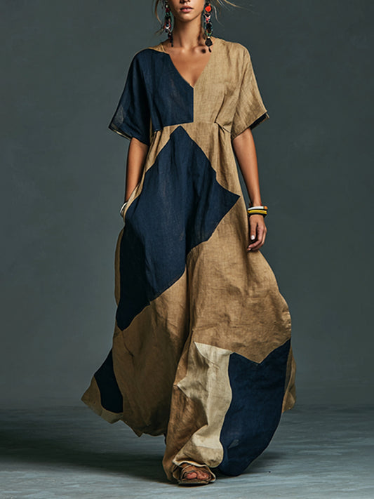 Cardydony Women's Vintage Simple Colorblock Flowy Linen Blend Casual Maxi Dress