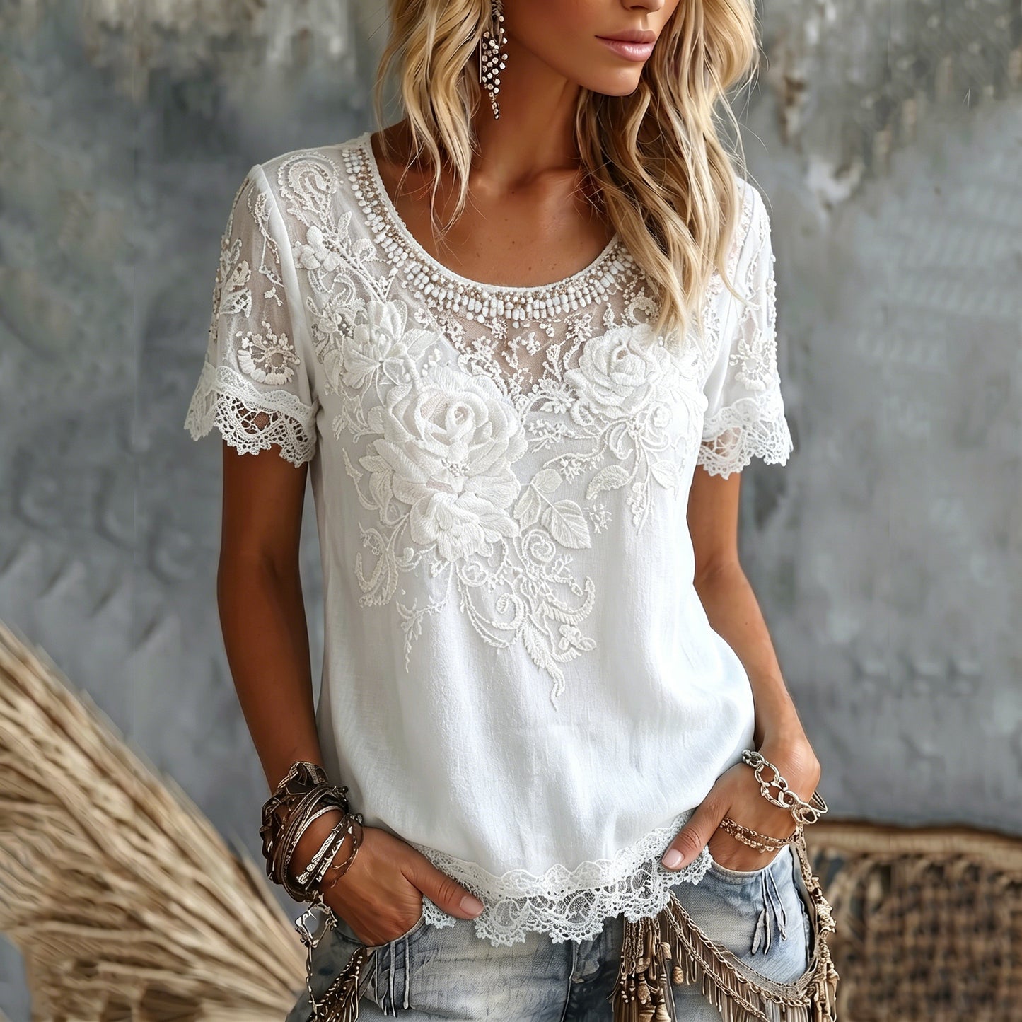 Cardydony Women's Rose Embroidery Art Crew Neck Short Sleeve Linen Blend T-shirt