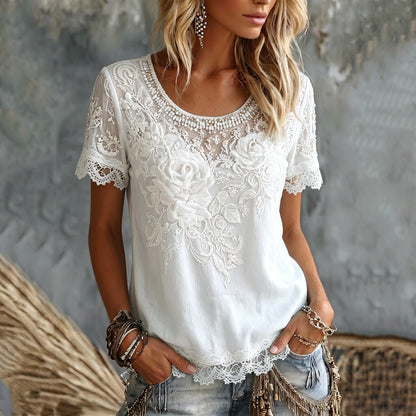 Cardydony Women's Rose Embroidery Art Crew Neck Short Sleeve Linen Blend T-shirt