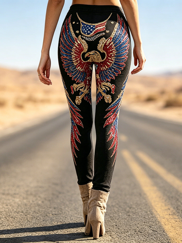 Cardydony Women's Retro Independence Day Flag & Eagle Print Leggings