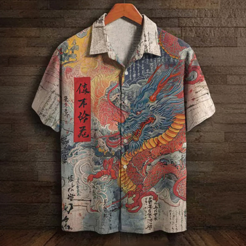 Cardydony Men's Retro Japanese Dragon Pattern Print Short-sleeve Shirt