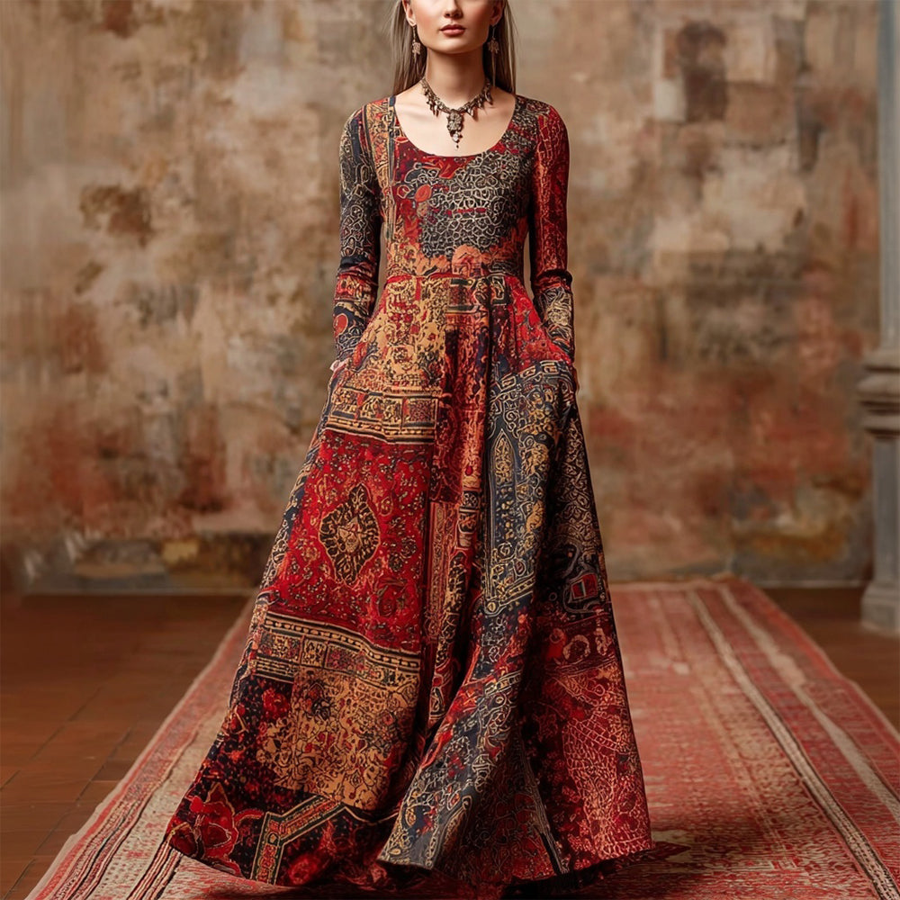 Cardydony Retro Iran Persian Pattern Inspired Flowy Linen Maxi Dress