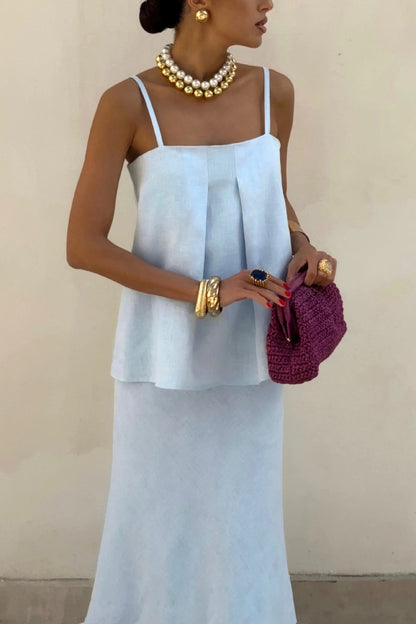 Cardydony Women's Linen Blend Loose Square Neck Camisole Top and Elegant Resort Maxi Skirt Set