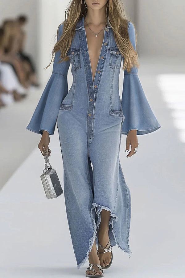 Cardydony Women's Stylish Bell Sleeves Single-breasted Casual Denim Jumpsuit