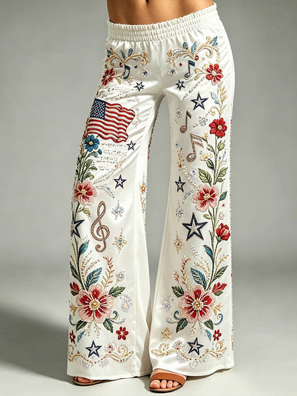Cardydony Women's Boho Musical Note Floral Vintage American Flag Wide Leg Pants