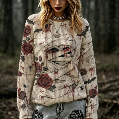 Cardydony Women's Retro Halloween Themed Bandage And Rose Print Sweater