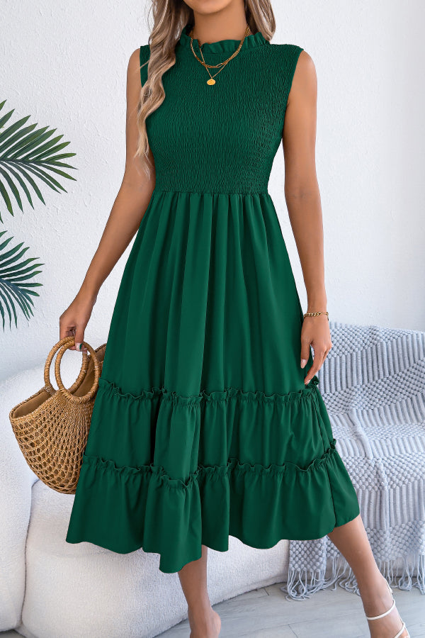 Cardydony Women's Solid Color Sleeveless Tucked Patchwork Casual Midi Dress
