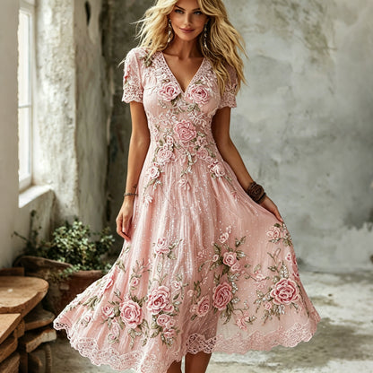 Cardydony Women's Vintage Pink Rose Art Embroidered Linen Blend Maxi Dress