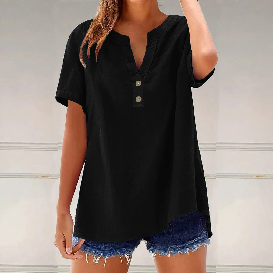 Cardydony Solid Color Linen Blended V-neck Loose Blouse