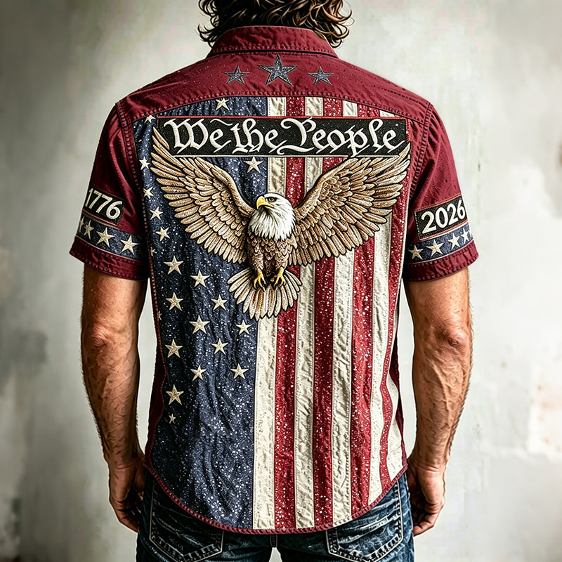 Cardydony Men's Vintage Independence Day And Eagle Print Short-sleeve Shirt