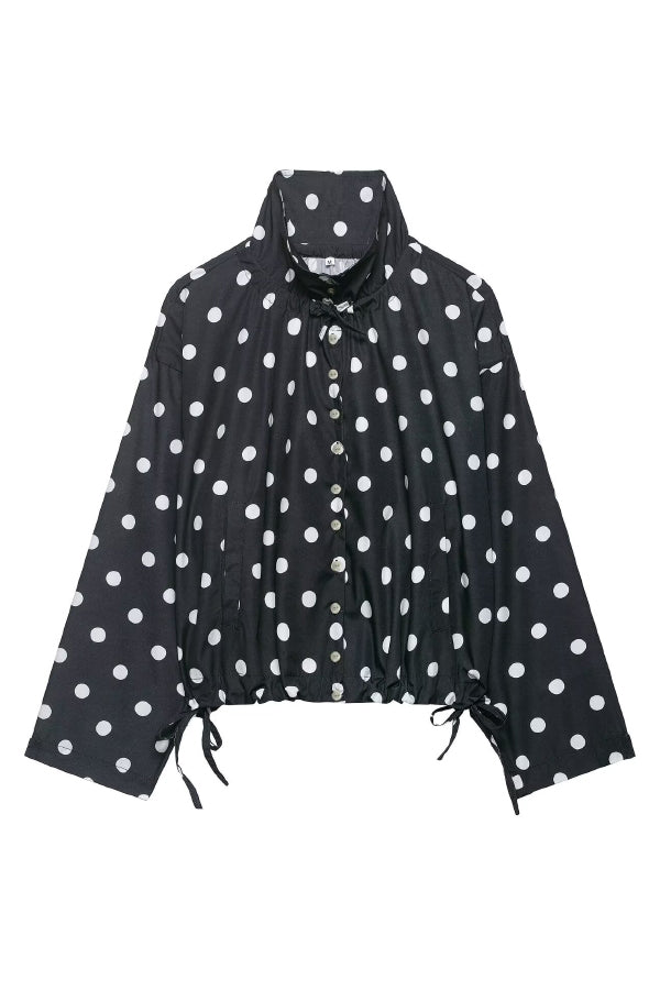 Cardydony Women's  Polka Dot Print Loose Stand Collar Button Bow Tie Casual Long-sleeved Jacket