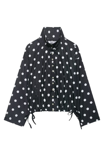 Cardydony Women's  Polka Dot Print Loose Stand Collar Button Bow Tie Casual Long-sleeved Jacket