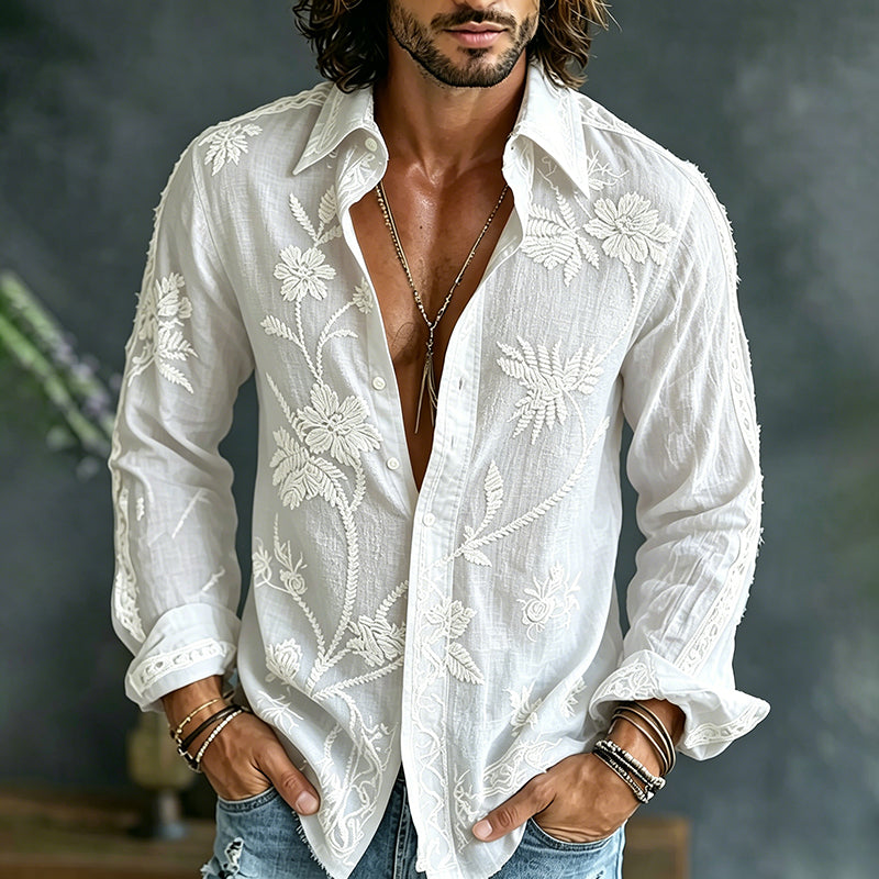 Cardydony Men's Causal Spring Summer Floral Embroidered Art Print Flowy Linen Blend Shirt