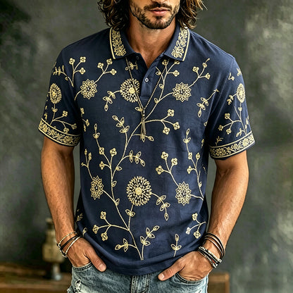 Cardydony Men's Vintage Causal Spring Summer Floral And Birds Art Print Flowy Polo Shirt