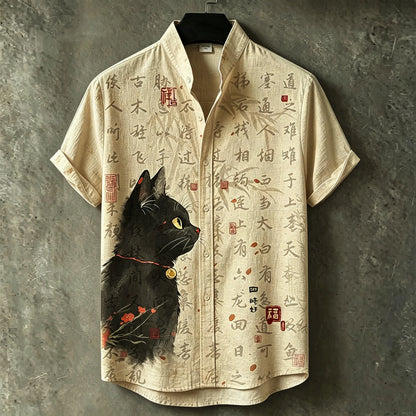 Cardydony Men's Retro Japanese Art Cat And Calligraphy Print Shirt