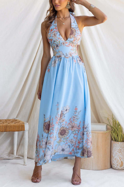 Cardydony Women's Sunflower Print V-neck Fitted Waist Elegant Maxi Dress