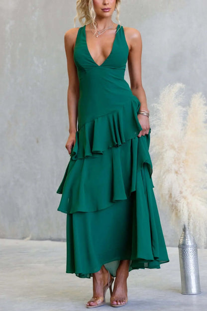 Cardydony Women's Solid Color V-neck Sleeveless Elegant Layered Maxi Dress