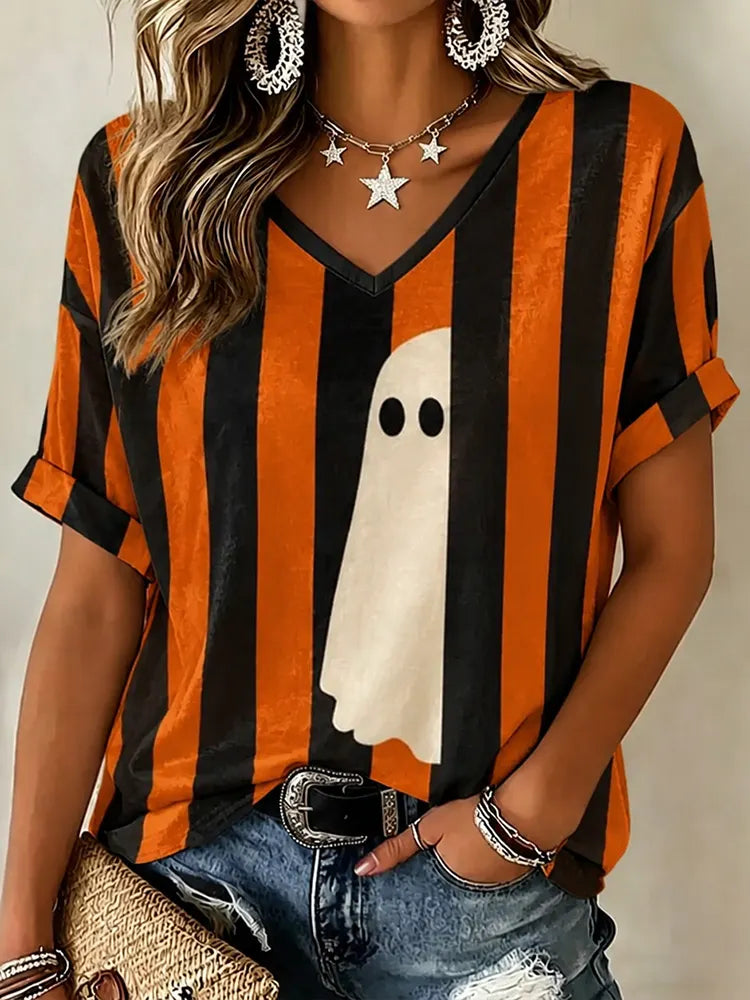 Cardydony Women's Halloween Hidden Ghost Art Striped Casual Top