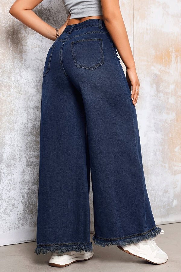 Cardydony Women's Stylish Loose-fitting Frayed Hem Casual Pocket Wide-leg Jeans