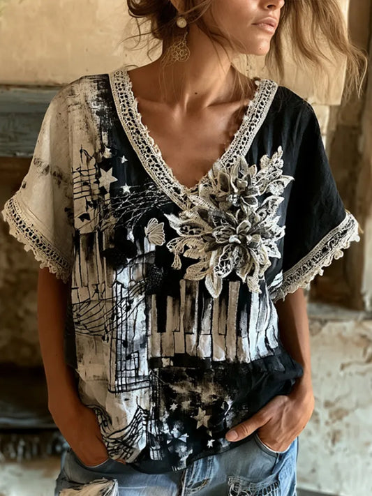 Cardydony Women's Vintage Music And Floral Art Tie-dye Black And White Patchwork Casual Cotton And Linen Short-sleeved Top