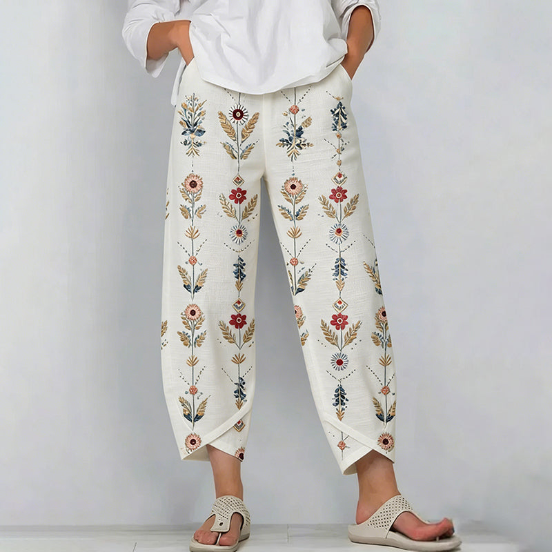 Cardydony Women's Retro Bohemian Floral Pattern Casual Linen Capri Pants