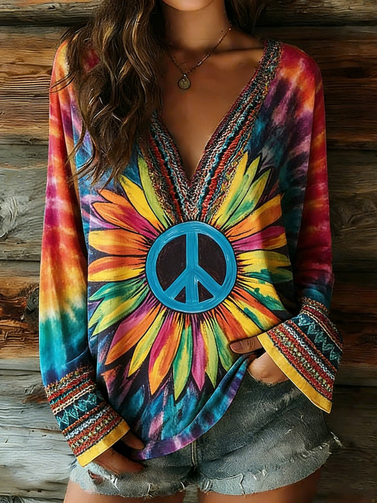 Cardydony Women's Peace Tie-dye Ethnic Art Pattern Casual Long-sleeve V-neck T-shirt