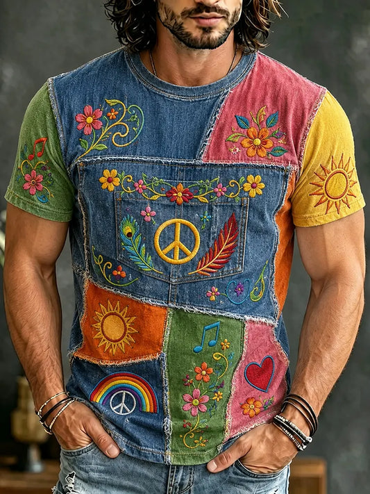 Cardydony Men's Vintage Hippie Patchwork Art Floral Embroidered Short Sleeve T-shirt