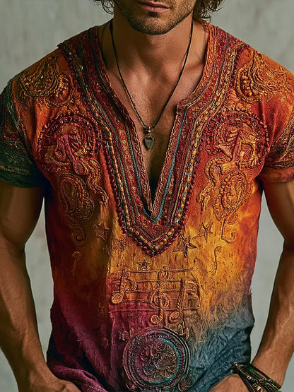 Cardydony Men's Boho Ombre Gradient Beaded Embroidery V-neck Tee, Retro Psychedelic Star & Musical Print Casual Tshirt